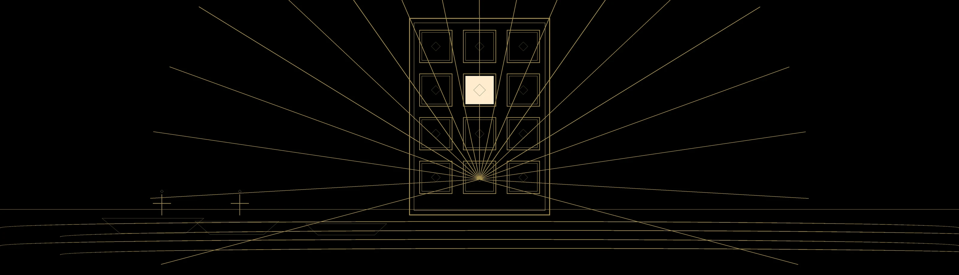 Phone with a grid of gold tiles above a night harbour