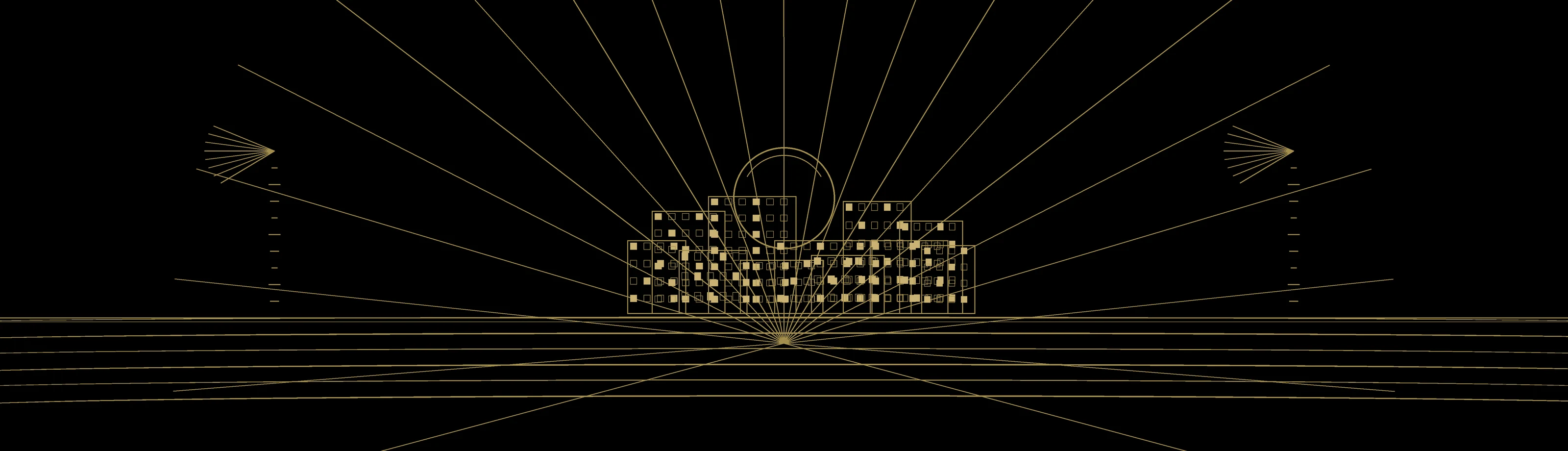 Night view of a seafront skyline drawn in gold and black