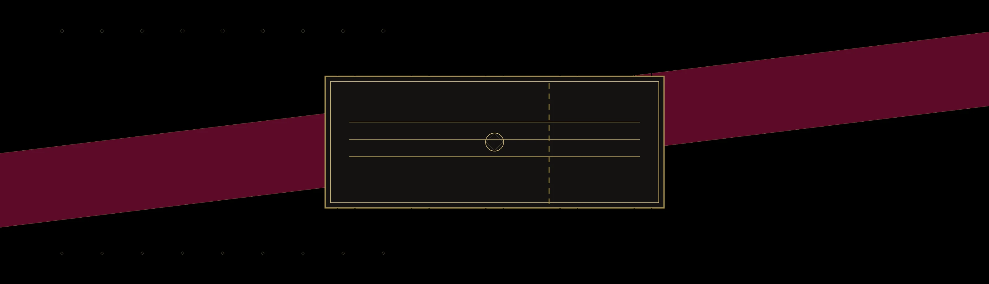 Gold-framed ticket over a wine-red ribbon