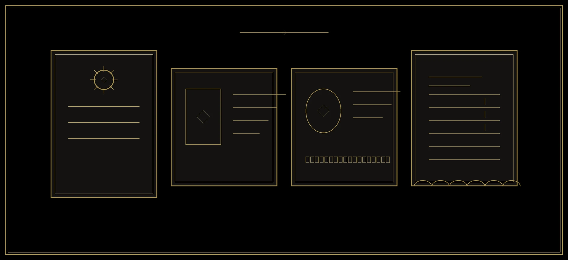 Four outlined document cards in gold on black