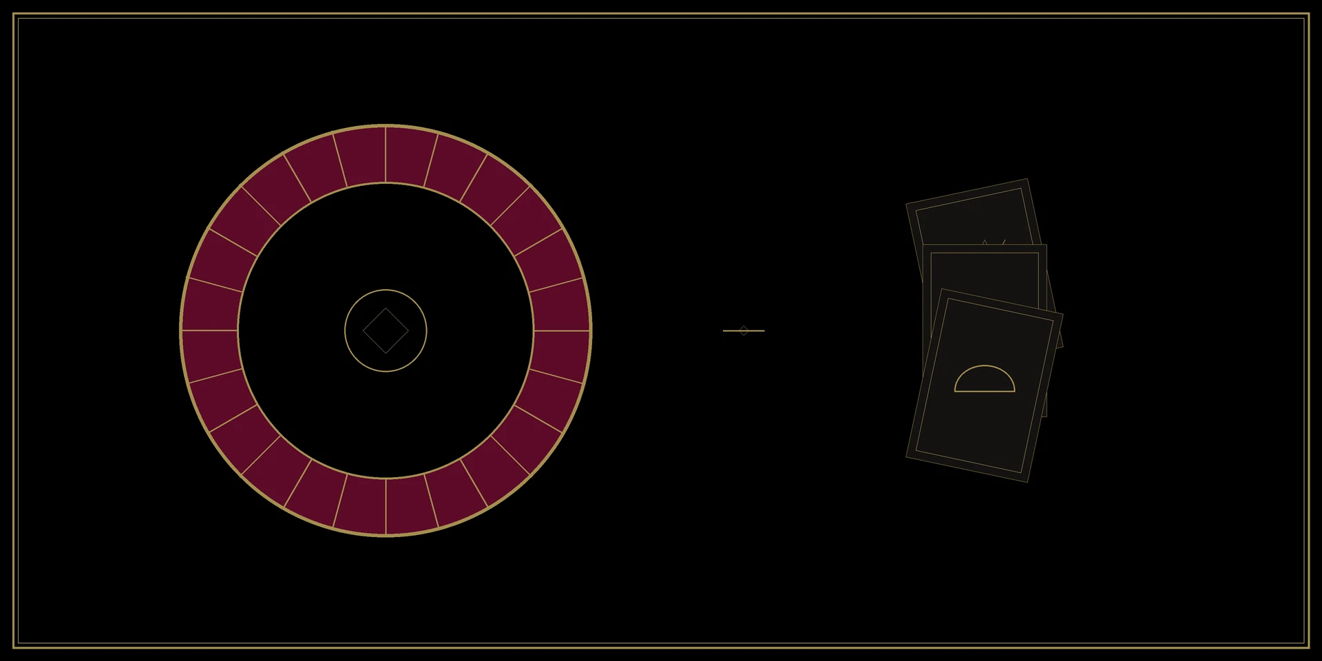 Roulette wheel and playing cards drawn in gold on black